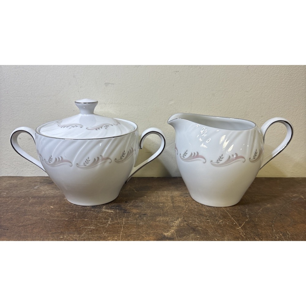 Stylehouse Largo Creamer & Sugar Set White Swirl Pink Gray Scroll